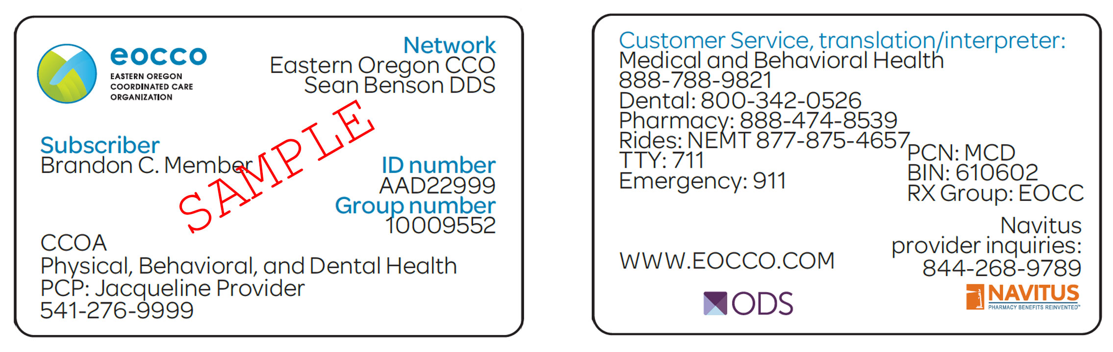 Sample EOCCO member ID card